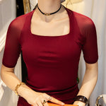 Simple Solid Color Square-Neck Half Sleeves Shirt