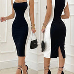 Women's Colorblock Square Neck Midi Dress Sleeveless Back Slit Side Panel Contrast Bodycon Cocktail Work Dress