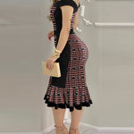 Women's Houndstooth Colorblock Off Shoulder Ruffle Hem Bodycon Dress