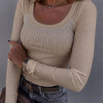 Women's Square Neck Long Sleeve Top Rhinestone Ribbed Knit Shirt Slim Fit Casual Sparkly Tee