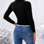 Women's Rhinestone Sheer Mesh Spliced Top Mock Neck Long Sleeve Knit Top Sparkly Fitted Pullover