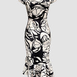 Floral Print Off Shoulder Ruffle Hem Slit Dress Slim Fit Party Dress