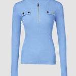 Crewneck Half Zipper Flap Detail Knit Sweater Long Sleeve Slim Fit Ribbed Pullover Top