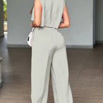 2 Pieces Outfit Sleeveless Tie Side Crop Top and Casual Zipper Fly Elastic Back Waist Pants Set