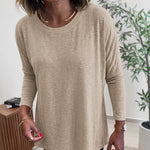 Women's Asymmetric Hem Long Sleeve Top Loose Fit Dropped Shoulder Crewneck Soft Slouchy Casual Tee