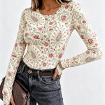 Women's Vintage Floral Print Long Sleeve Top Slim Fit Tee with Thumb Holes