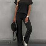 Women's 2 Piece Knit Set Lace Patchwork Short Sleeve Top and Wide Leg Pants Casual Ribbed Brushed Lounge Set