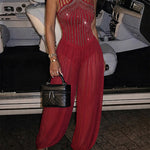 Women's Rhinestone Cutout Jumpsuit Sleeveless Sheer Chiffon Lantern Leg Overalls