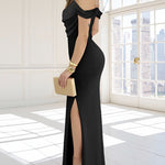Cold Shoulder Pearls Strap Cowl Neck Evening Bodycon Dress Elegant High Slit Fishtail Maxi Dress