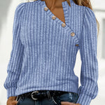 Button Decor Asymmetrical V-Neck Long Sleeve Ribbed Tee Casual Knit Brushed Top