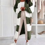 Women's Checkerboard Knit Cardigan Oversized Long Chunky Sweater Loose Lantern Sleeve Coat with Pockets