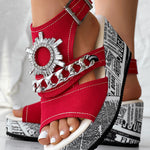 Newspaper Rhinestone Gear Pattern Slingback Platform Wedge Sandals