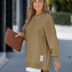 Letter Patch Detail Long Sleeve Drop Shoulder Pullover Sweatshirt Casual Zipper Side Slit Top