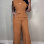 2 Pieces Outfit 3D Cutting Decor Design Cap Sleeve Hollow-out Back Crop Top and Casual Zipper Fly Seam Front Straight Pants Set