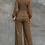 Women's 2 Piece Glitter Set Deep V Neck Lantern Sleeve Ruched Top and Wide Leg Pants with Pockets