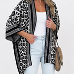 Women's Leopard Print Poncho Cardigan Contrast Striped Trim Open Front Loose Fit Batwing Sleeve Knit Cape Shawl