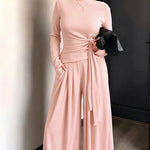 Women's 2 Piece Knit Lounge Set Long Sleeve Tie Waist Top and High Waisted Wide Leg Pants Casual Soft Sweatsuit with Pockets