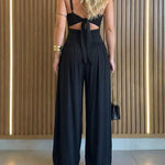 CHICME Women's Cut-out Waist Cami Jumpsuit Backless Tie-Back Lantern Romper Ruched High Waist Summer Jumpsuit