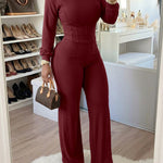 2 Pieces Outfit O-neck Long Sleeve Cinched Waist Sweatshirt and Elastic Waist Wide Leg Pants Set Casual Seam Design Sweatpants Set