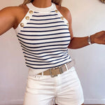 Women's Halter Neck Tank Top Striped Sleeveless Gold Button Contrast Binding Knit Top