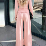 Women's 2 Piece Knit Lounge Set Long Sleeve Tie Waist Top and High Waisted Wide Leg Pants Casual Soft Sweatsuit with Pockets