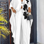 2 Pieces Outfit Floral Placement Print V-Neck Batwing Sleeve High Slit Front Longline Top and Casual Drawstring Elastic Waist Pants Set with Pockets & Lining