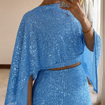 Women's 3 Piece Sequin Set Asymmetrical Poncho Top and High Waist Bodycon Skirt with Crop Cami Top