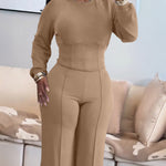 2 Pieces Outfit O-neck Long Sleeve Cinched Waist Sweatshirt and Elastic Waist Wide Leg Pants Set Casual Seam Design Sweatpants Set