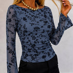 Women's Vintage Flocked Floral Mesh Top Boat Neck Ruched Flare Long Sleeve Tee