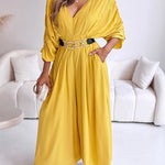 Deep V-Neck Ruched Three Quarters Sleeve Backless Overalls Casual Waist-Gathered Tied Detail Jumpsuit without Belt