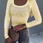 Women's Square Neck Long Sleeve Top Rhinestone Ribbed Knit Shirt Slim Fit Casual Sparkly Tee