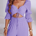 Sweetheart Neck Puff Sleeve Drawstring Front Shirred Overalls Casual Cutout Front Ruffle Hem Wide Leg Jumpsuit