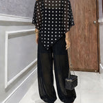 Women's 3 Piece Outfits Polka Dot Skew Neck Cape Top and Sheer Lantern Pants Set with Camisole Liner Party Clubwear
