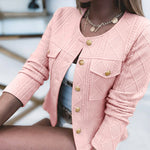 Women's French Style Cropped Jacket Round Neck Gold Button Coat Argyle Cable Jacquard Knit Outerwear