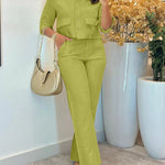 2 Pieces Outfit Turn-down Collar Turn-Up Sleeves Button Front Flap Pockets Design Top and Causal Zipper Fly Elastic Back Waist Wide Leg Pants Set