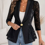 Women's Lace Patchwork Blazer Elegant Shawl Lapel Peplum Coat Single Breasted Three Quarter Sleeve Outwear