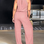 Women's Halter Jumpsuit Lace Trim Backless Overalls Tied Detail Wide Leg Jumpsuit with Pockets
