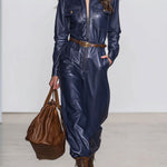 Casual Retro Dark Blue Faux Leather Long-Sleeved Lace-Up Wide-Leg Jumpsuit