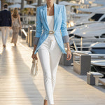 Simple And Elegant Striped Long-sleeved Blue Belted Blazer