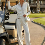 Retro Sporty Webbing Grey-white Half-zip Sweatshirt And Wide-leg Pants Set