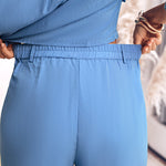 2 Pieces Outfit Turn-down Collar Turn-Up Sleeves Button Front Flap Pockets Design Top and Causal Zipper Fly Elastic Back Waist Wide Leg Pants Set
