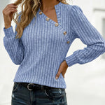 Button Decor Asymmetrical V-Neck Long Sleeve Ribbed Tee Casual Knit Brushed Top