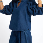 Nadorine Women's Casual Denim Two-piece Set Loose Puffed Sleeve Blouse and Wide-leg Pants
