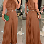 CHICME Women's Halter Tie Wide Leg Jumpsuit Pleated High Waist One-Piece Romper Elegant Sleeveless Evening Party Jumpsuit without Waist Chain