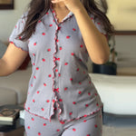 2 Pieces Outfit Strawberry Print Stand Collar Short Sleeve T-shirt and Pants Pajamas Set