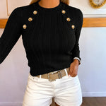 Women's Gold Button Crew Neck Textured Knit Long Sleeve Top