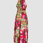 Tropical Print Halter Ruched Sleeveless Maxi Dress Casual A Line Flowy Smock Dress
