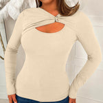 Women's Rib Knit Long Sleeve Top Gold Buckle Cut Out Tee Twisted Front Hollow Out Slim Fit Top