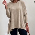 Women's Asymmetric Hem Long Sleeve Top Loose Fit Dropped Shoulder Crewneck Soft Slouchy Casual Tee