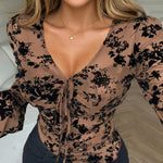 Women's Deep V Neck Mesh Top Flocked Floral Drawstring Ruched Slim Fit Blouse Lined Flare Long Sleeve Shirt
